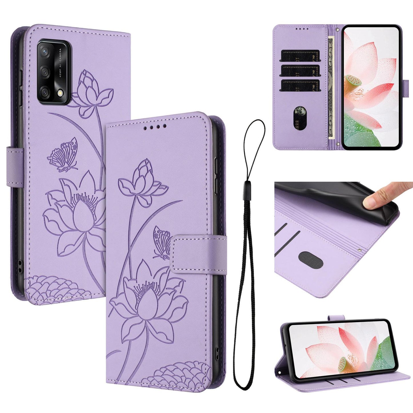 OPPO A74 4G Lotus Embossed PU Leather Wallet Phone Case with Card Holder, Cash Pocket, Magnetic Flip Stand Cover, Wrist Lanyard Strap, Shockproof TPU Protective Folio Case - Purple
