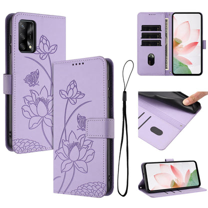 OPPO A74 4G Lotus Embossed PU Leather Wallet Phone Case with Card Holder, Cash Pocket, Magnetic Flip Stand Cover, Wrist Lanyard Strap, Shockproof TPU Protective Folio Case - Purple