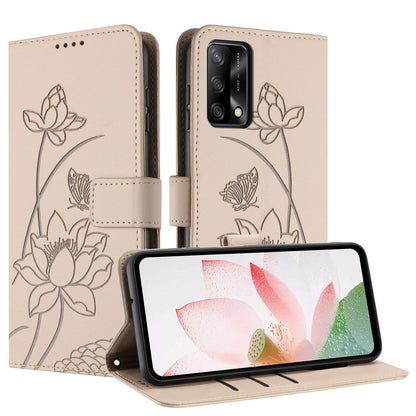 OPPO F19 Lotus Embossed PU Leather Wallet Phone Case with Card Holder, Cash Pocket, Magnetic Flip Stand Cover, Wrist Lanyard Strap, Shockproof TPU Protective Folio Case - Purple