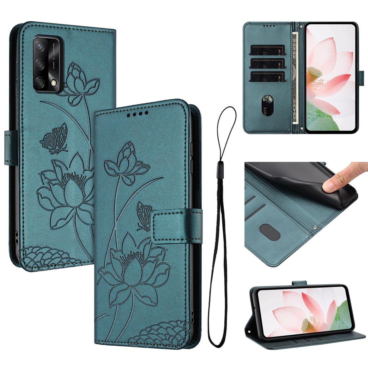 OPPO A74 4G Lotus Embossed PU Leather Wallet Phone Case with Card Holder, Cash Pocket, Magnetic Flip Stand Cover, Wrist Lanyard Strap, Shockproof TPU Protective Folio Case - Purple