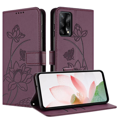 OPPO A74 4G Lotus Embossed PU Leather Wallet Phone Case with Card Holder, Cash Pocket, Magnetic Flip Stand Cover, Wrist Lanyard Strap, Shockproof TPU Protective Folio Case - Purple
