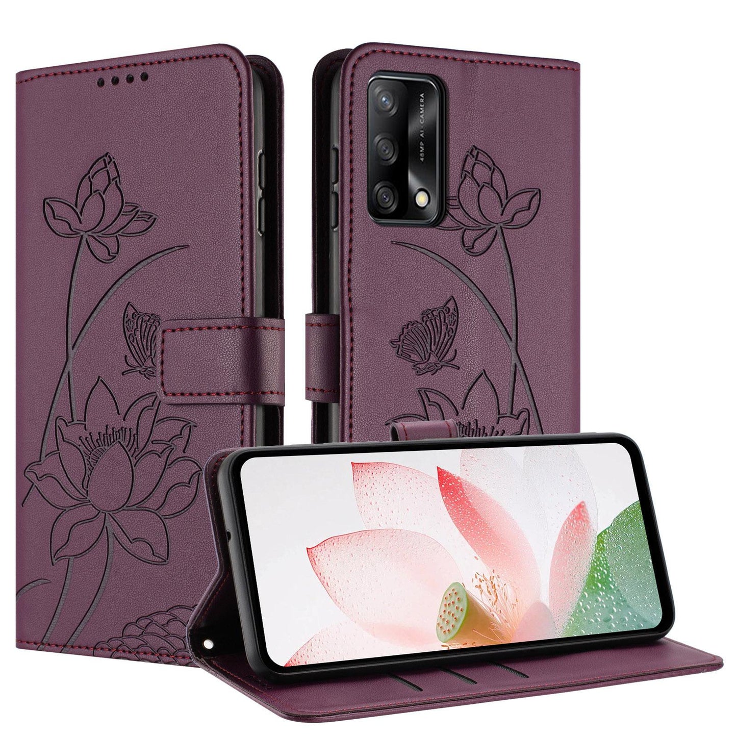 OPPO Reno6 Lite Lotus Embossed PU Leather Wallet Phone Case with Card Holder, Cash Pocket, Magnetic Flip Stand Cover, Wrist Lanyard Strap, Shockproof TPU Protective Folio Case - Purple