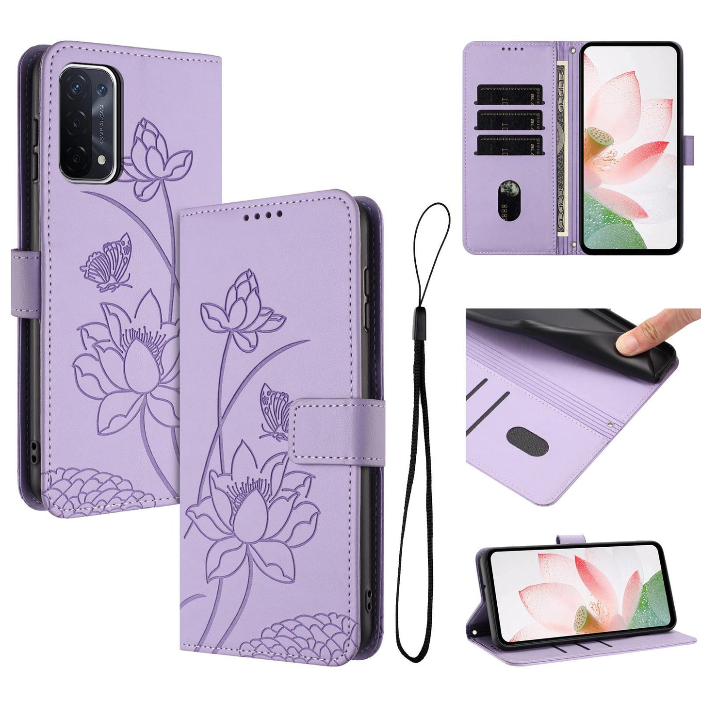 OPPO A74 5G Lotus Embossed PU Leather Wallet Phone Case with Card Holder, Cash Pocket, Magnetic Flip Stand Cover, Wrist Lanyard Strap, Shockproof TPU Protective Folio Case - Purple
