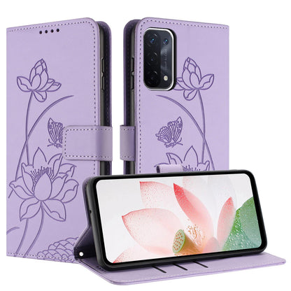 OPPO A74 5G Lotus Embossed PU Leather Wallet Phone Case with Card Holder, Cash Pocket, Magnetic Flip Stand Cover, Wrist Lanyard Strap, Shockproof TPU Protective Folio Case - Purple