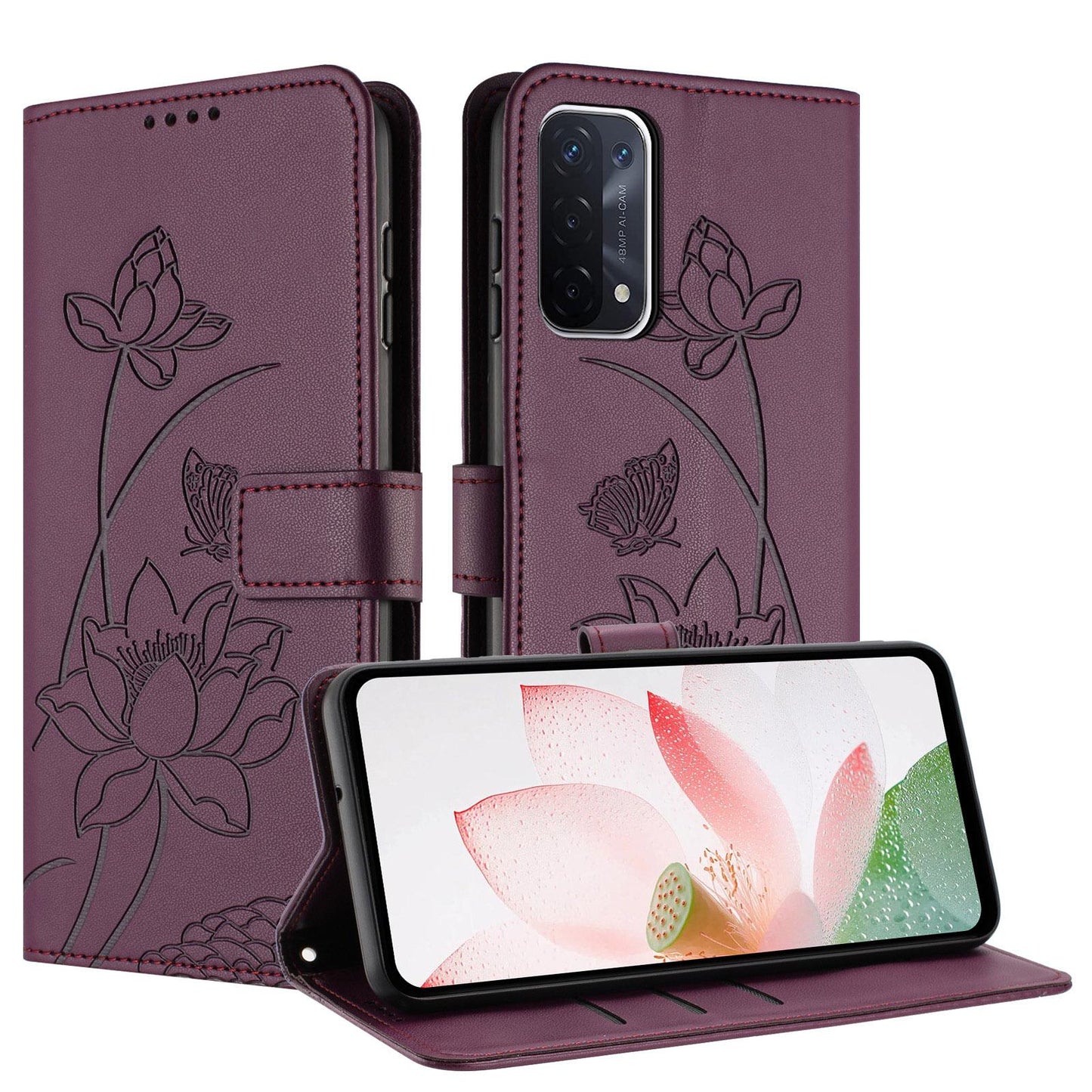 OPPO A74 5G Lotus Embossed PU Leather Wallet Phone Case with Card Holder, Cash Pocket, Magnetic Flip Stand Cover, Wrist Lanyard Strap, Shockproof TPU Protective Folio Case - Purple