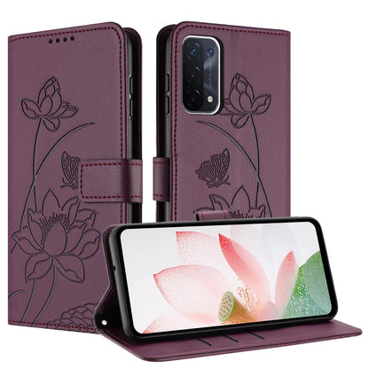 OPPO A74 5G Lotus Embossed PU Leather Wallet Phone Case with Card Holder, Cash Pocket, Magnetic Flip Stand Cover, Wrist Lanyard Strap, Shockproof TPU Protective Folio Case - Purple
