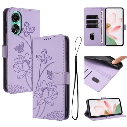 OPPO A78 4G Lotus Embossed PU Leather Wallet Phone Case with Card Holder, Cash Pocket, Magnetic Flip Stand Cover, Wrist Lanyard Strap, Shockproof TPU Protective Folio Case - Purple