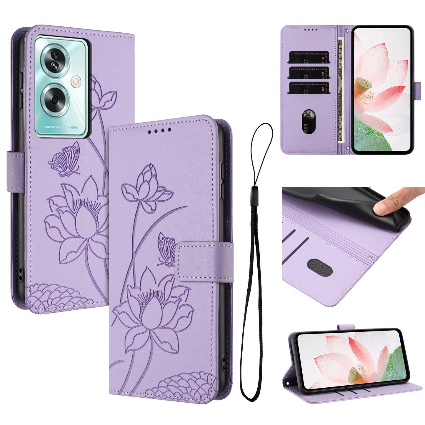 OPPO A79 5G Lotus Embossed PU Leather Wallet Phone Case with Card Holder, Cash Pocket, Magnetic Flip Stand Cover, Wrist Lanyard Strap, Shockproof TPU Protective Folio Case - Purple