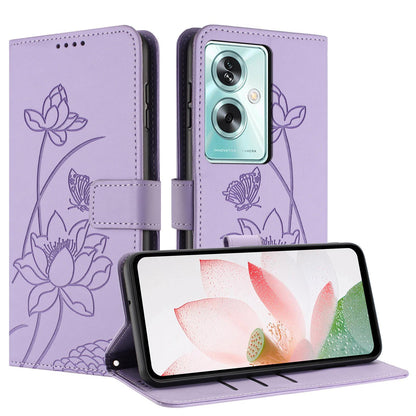OPPO A79 5G Lotus Embossed PU Leather Wallet Phone Case with Card Holder, Cash Pocket, Magnetic Flip Stand Cover, Wrist Lanyard Strap, Shockproof TPU Protective Folio Case - Purple