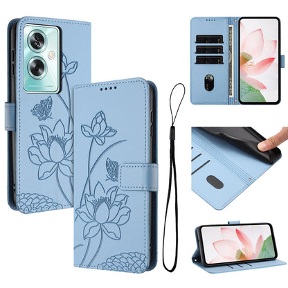 OPPO A79 5G Lotus Embossed PU Leather Wallet Phone Case with Card Holder, Cash Pocket, Magnetic Flip Stand Cover, Wrist Lanyard Strap, Shockproof TPU Protective Folio Case - Purple