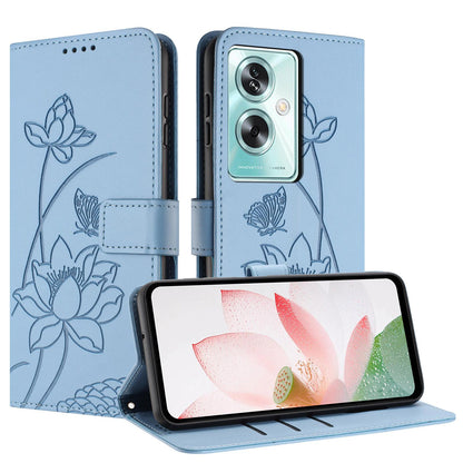 OPPO A79 5G Lotus Embossed PU Leather Wallet Phone Case with Card Holder, Cash Pocket, Magnetic Flip Stand Cover, Wrist Lanyard Strap, Shockproof TPU Protective Folio Case - Purple