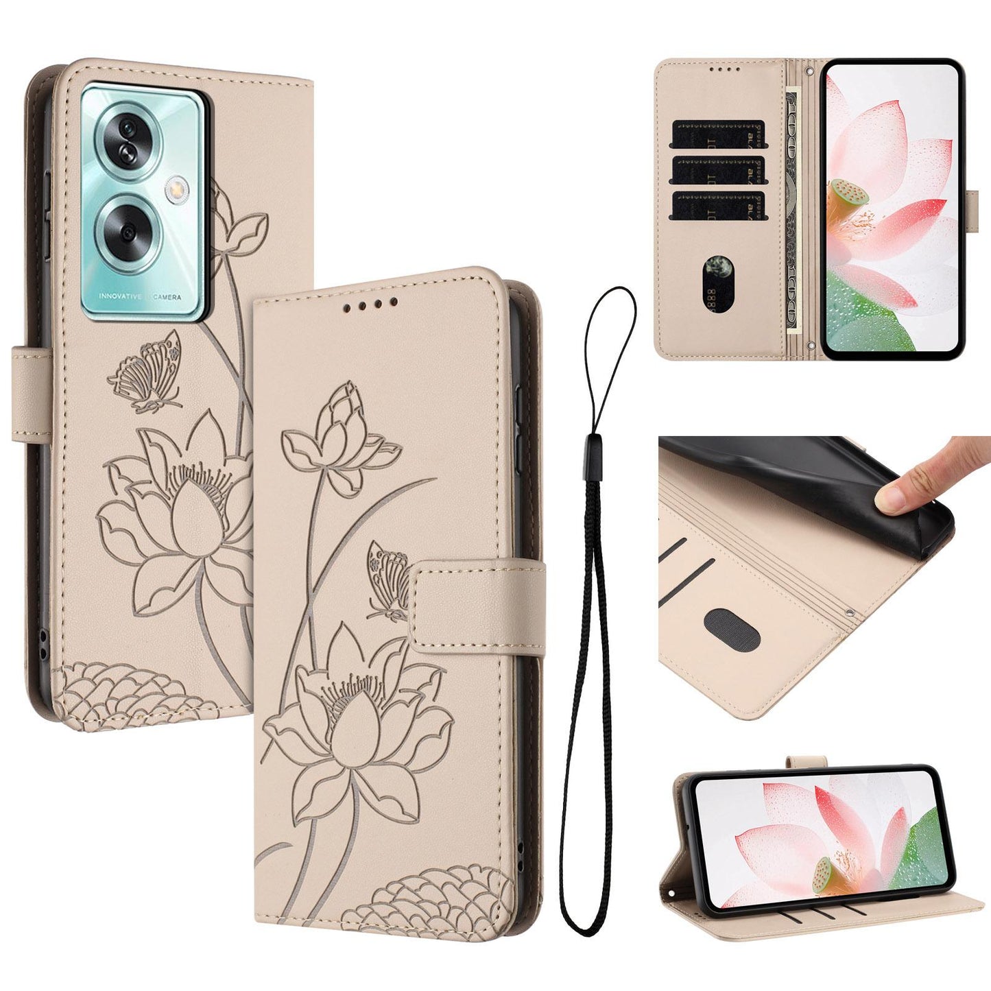 OPPO A79 5G Lotus Embossed PU Leather Wallet Phone Case with Card Holder, Cash Pocket, Magnetic Flip Stand Cover, Wrist Lanyard Strap, Shockproof TPU Protective Folio Case - Purple