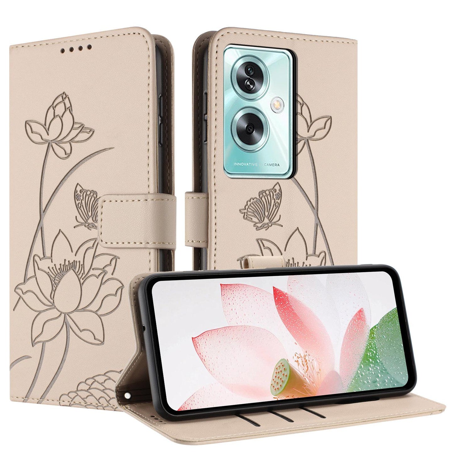 OPPO A79 5G Lotus Embossed PU Leather Wallet Phone Case with Card Holder, Cash Pocket, Magnetic Flip Stand Cover, Wrist Lanyard Strap, Shockproof TPU Protective Folio Case - Purple