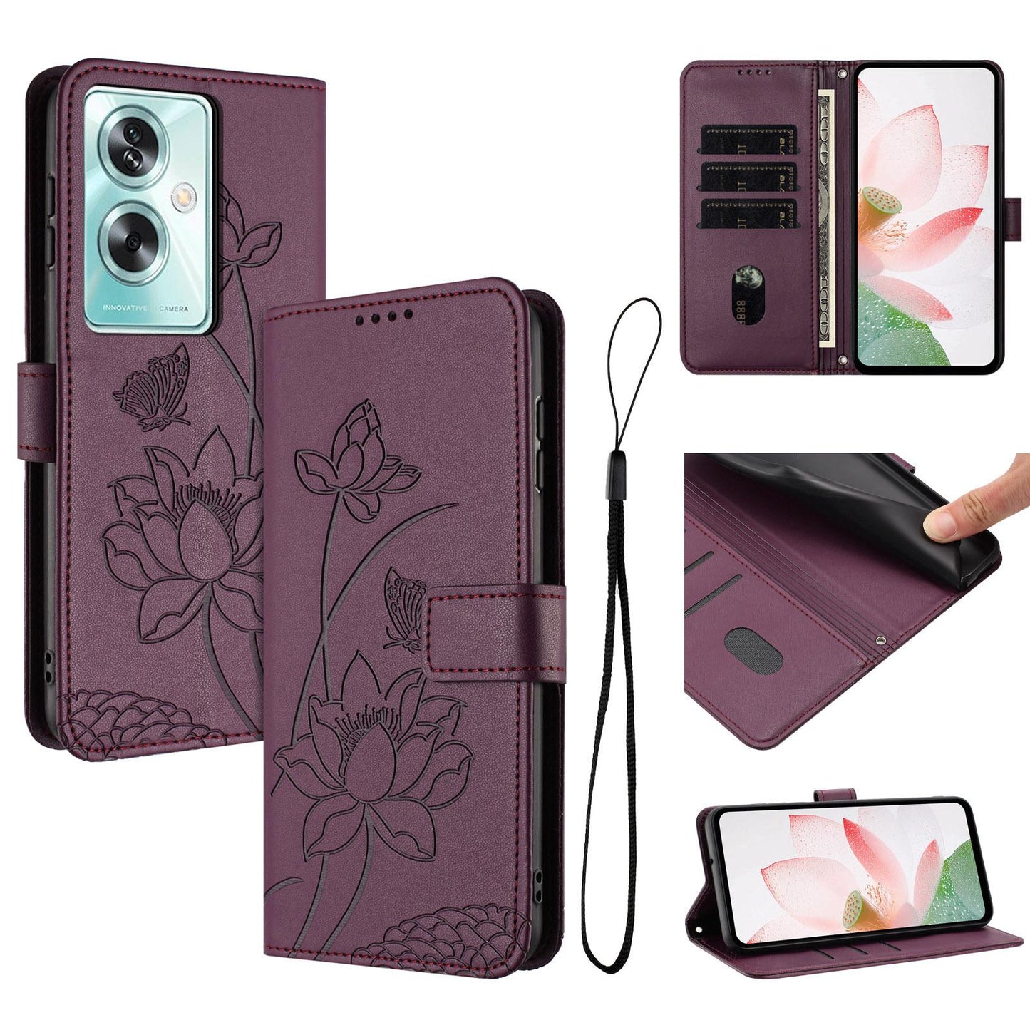 OPPO A79 5G Lotus Embossed PU Leather Wallet Phone Case with Card Holder, Cash Pocket, Magnetic Flip Stand Cover, Wrist Lanyard Strap, Shockproof TPU Protective Folio Case - Purple