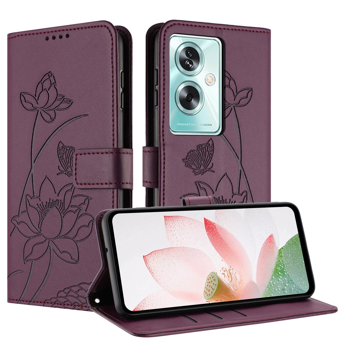 OnePlus Nord N30 SE Lotus Embossed PU Leather Wallet Phone Case with Card Holder, Cash Pocket, Magnetic Flip Stand Cover, Wrist Lanyard Strap, Shockproof TPU Protective Folio Case - Purple