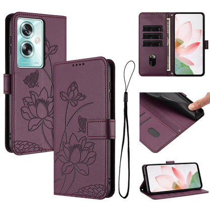 OnePlus Nord N30 SE Lotus Embossed PU Leather Wallet Phone Case with Card Holder, Cash Pocket, Magnetic Flip Stand Cover, Wrist Lanyard Strap, Shockproof TPU Protective Folio Case - Purple