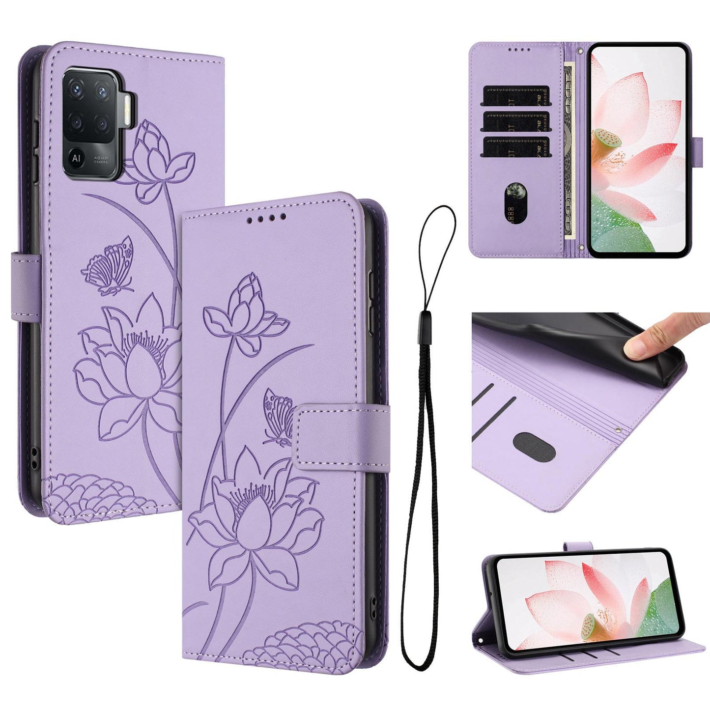OPPO Reno5 Lite Lotus Embossed PU Leather Wallet Phone Case with Card Holder, Cash Pocket, Magnetic Flip Stand Cover, Wrist Lanyard Strap, Shockproof TPU Protective Folio Case - Purple