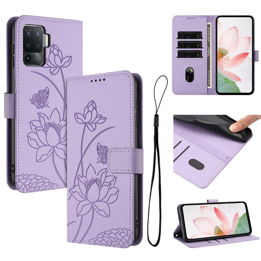 OPPO Reno5 Lite Lotus Embossed PU Leather Wallet Phone Case with Card Holder, Cash Pocket, Magnetic Flip Stand Cover, Wrist Lanyard Strap, Shockproof TPU Protective Folio Case - Purple