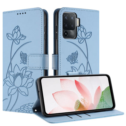 OPPO Reno5 Lite Lotus Embossed PU Leather Wallet Phone Case with Card Holder, Cash Pocket, Magnetic Flip Stand Cover, Wrist Lanyard Strap, Shockproof TPU Protective Folio Case - Purple