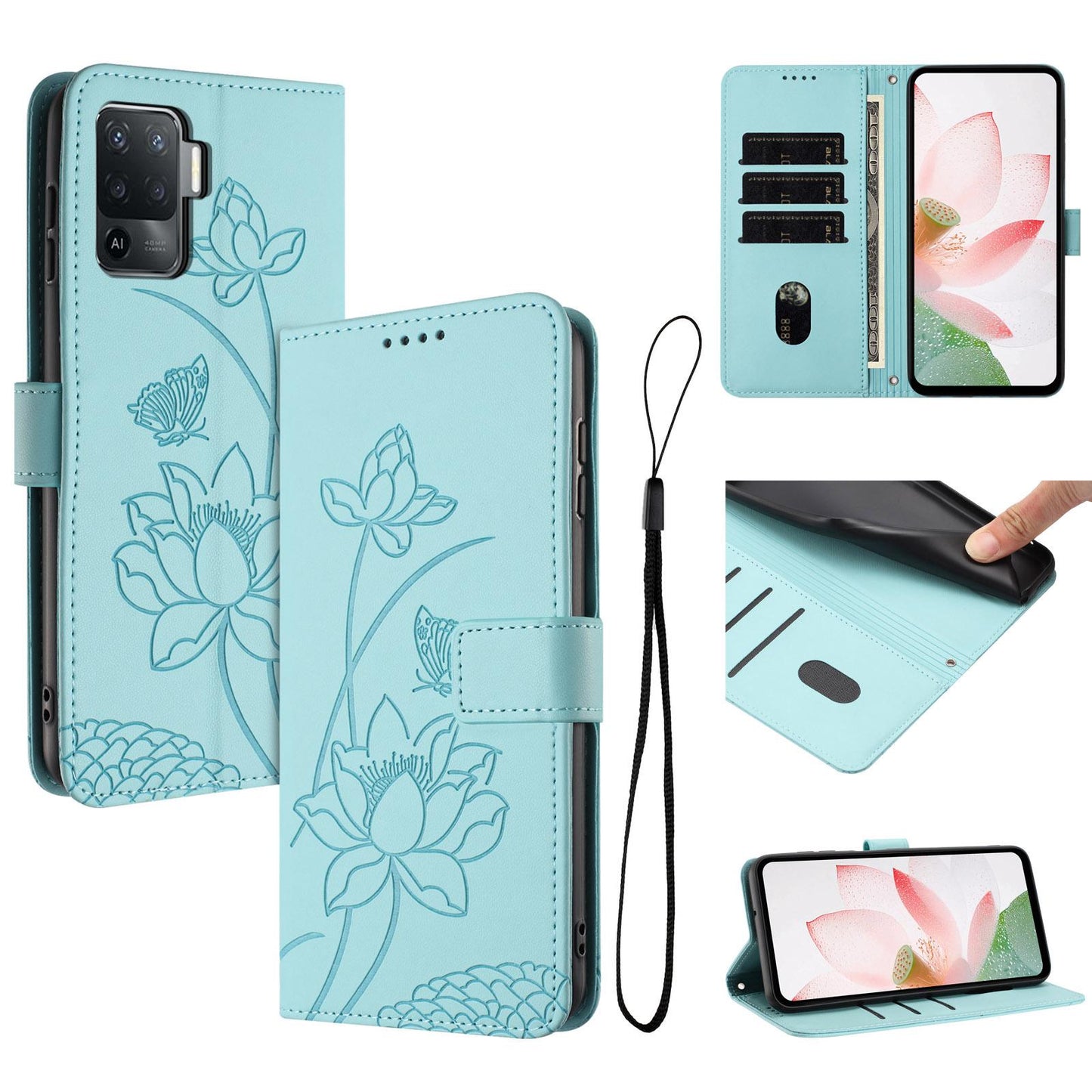 OPPO A94 4G Lotus Embossed PU Leather Wallet Phone Case with Card Holder, Cash Pocket, Magnetic Flip Stand Cover, Wrist Lanyard Strap, Shockproof TPU Protective Folio Case - Purple
