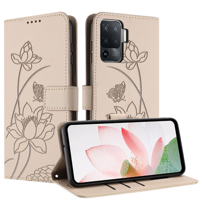 OPPO Reno5 Lite Lotus Embossed PU Leather Wallet Phone Case with Card Holder, Cash Pocket, Magnetic Flip Stand Cover, Wrist Lanyard Strap, Shockproof TPU Protective Folio Case - Purple