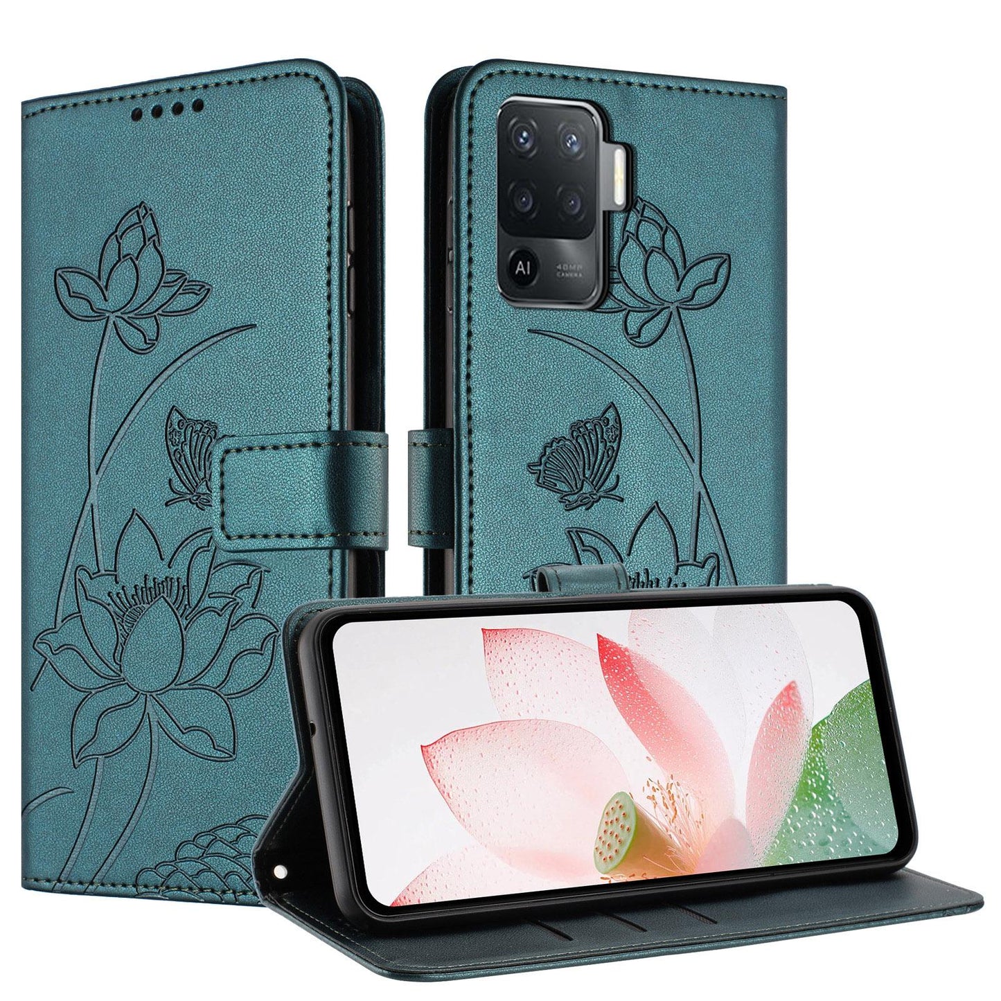 OPPO F19 Pro Lotus Embossed PU Leather Wallet Phone Case with Card Holder, Cash Pocket, Magnetic Flip Stand Cover, Wrist Lanyard Strap, Shockproof TPU Protective Folio Case - Purple