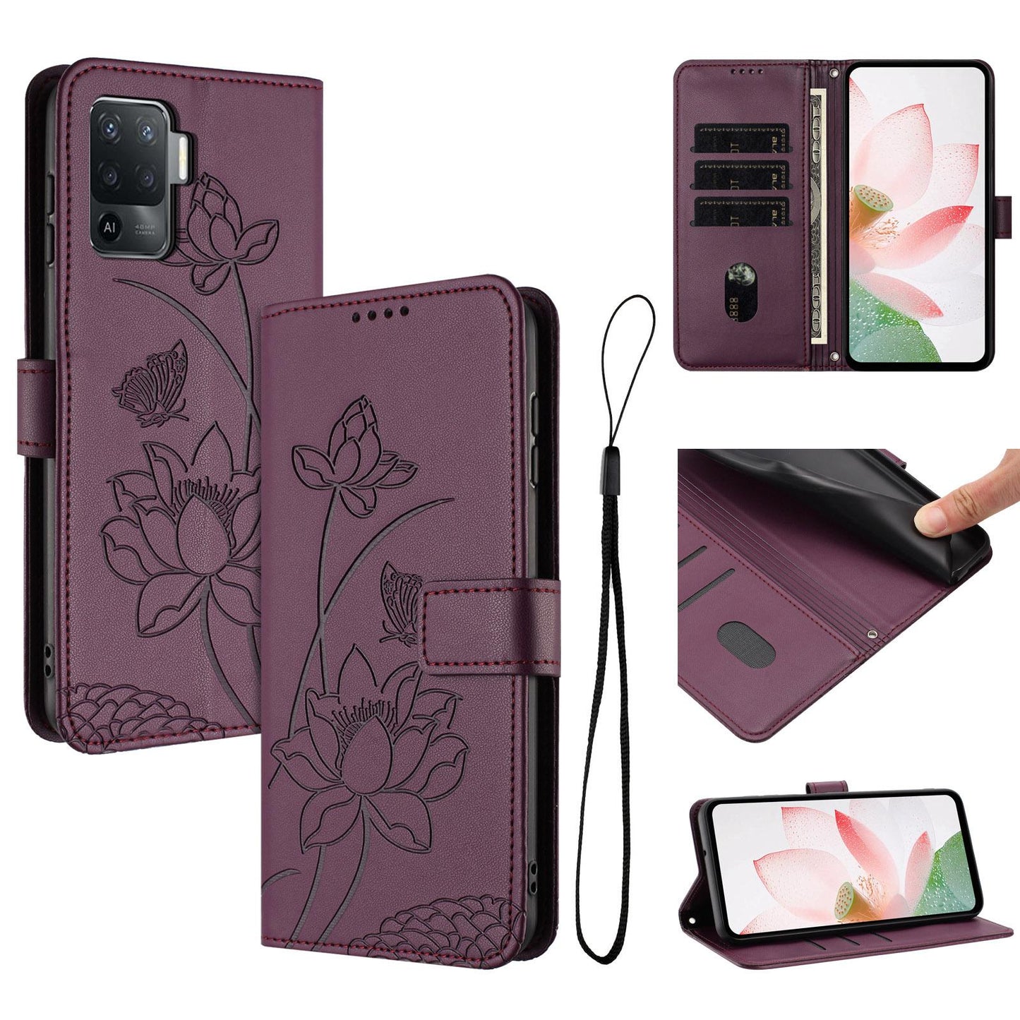 OPPO A94 4G Lotus Embossed PU Leather Wallet Phone Case with Card Holder, Cash Pocket, Magnetic Flip Stand Cover, Wrist Lanyard Strap, Shockproof TPU Protective Folio Case - Purple