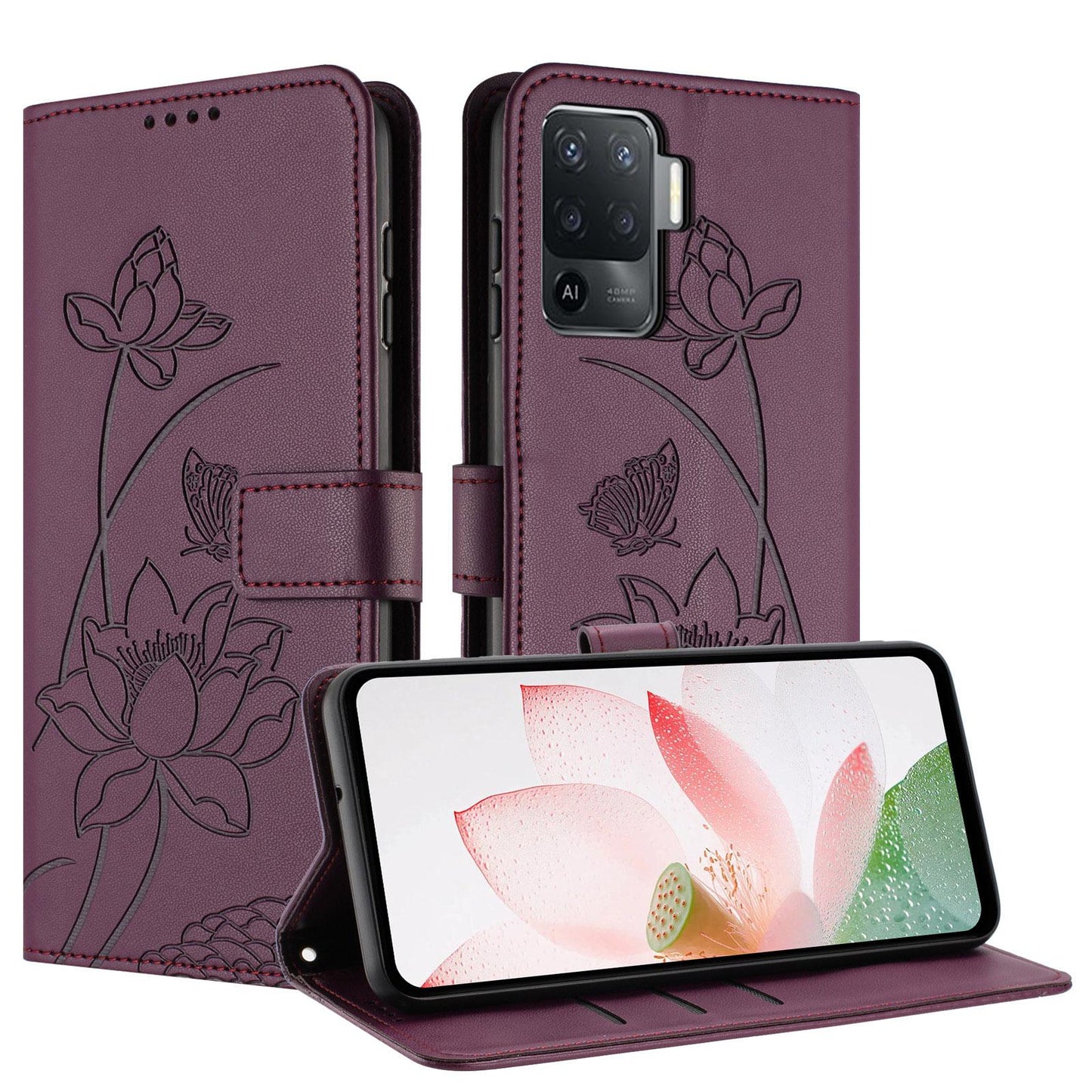 OPPO A94 4G Lotus Embossed PU Leather Wallet Phone Case with Card Holder, Cash Pocket, Magnetic Flip Stand Cover, Wrist Lanyard Strap, Shockproof TPU Protective Folio Case - Purple