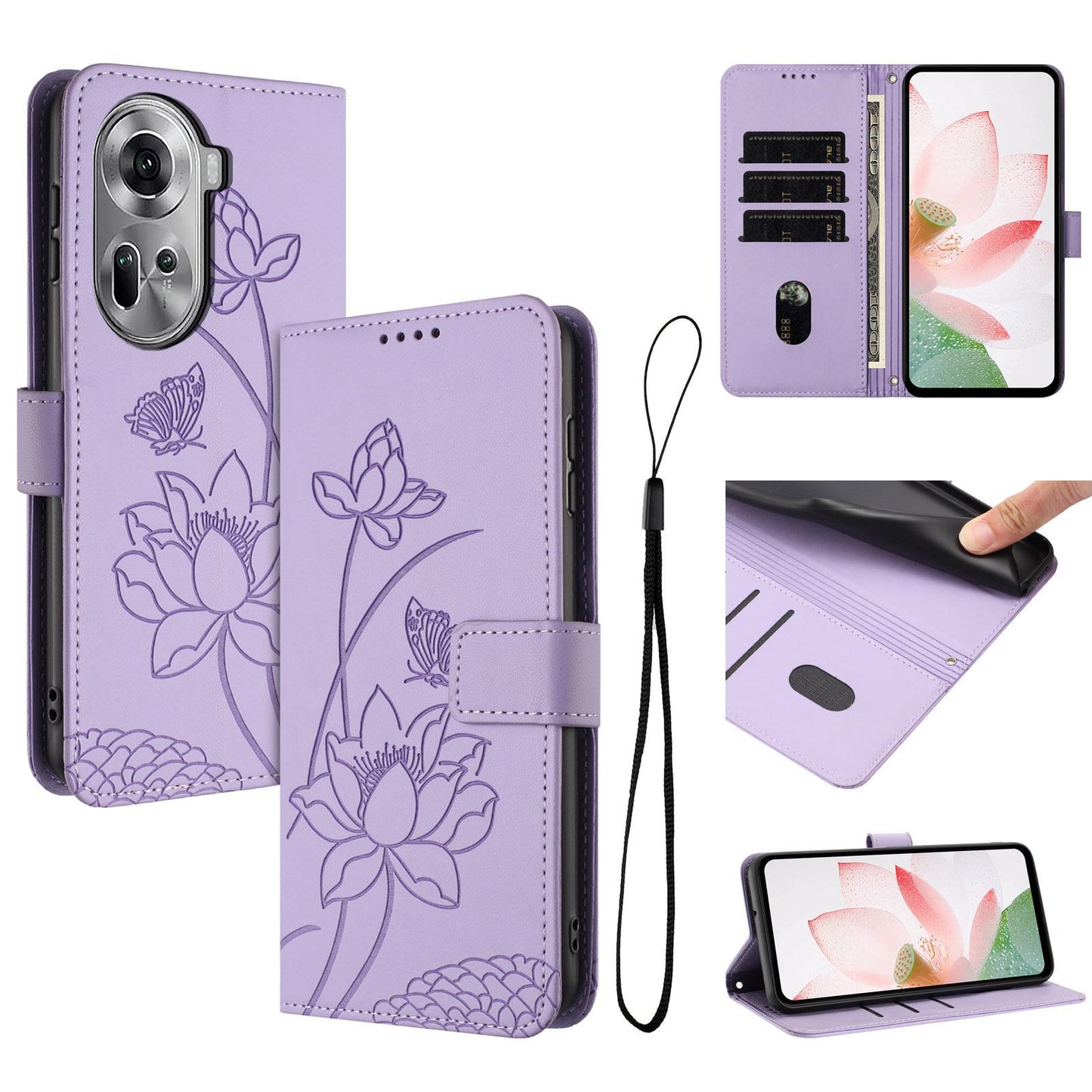 OPPO Reno11 5G Lotus Embossed PU Leather Wallet Phone Case with Card Holder, Cash Pocket, Magnetic Flip Stand Cover, Wrist Lanyard Strap, Shockproof TPU Protective Folio Case - Purple
