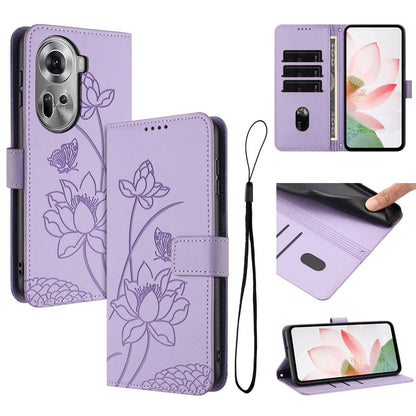 OPPO Reno11 5G Lotus Embossed PU Leather Wallet Phone Case with Card Holder, Cash Pocket, Magnetic Flip Stand Cover, Wrist Lanyard Strap, Shockproof TPU Protective Folio Case - Purple