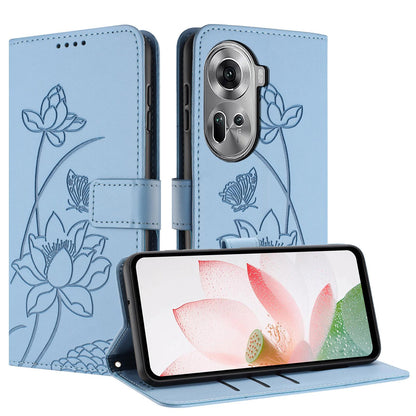 OPPO Reno11 5G Lotus Embossed PU Leather Wallet Phone Case with Card Holder, Cash Pocket, Magnetic Flip Stand Cover, Wrist Lanyard Strap, Shockproof TPU Protective Folio Case - Purple