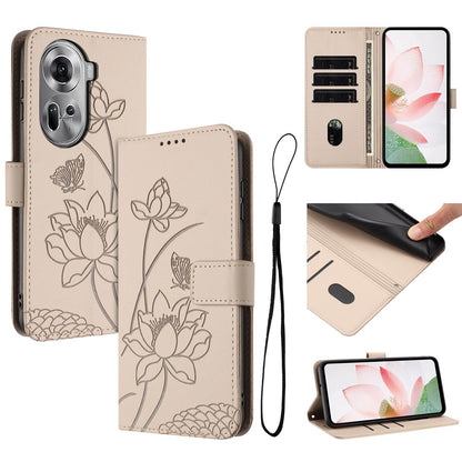 OPPO Reno11 5G Lotus Embossed PU Leather Wallet Phone Case with Card Holder, Cash Pocket, Magnetic Flip Stand Cover, Wrist Lanyard Strap, Shockproof TPU Protective Folio Case - Purple