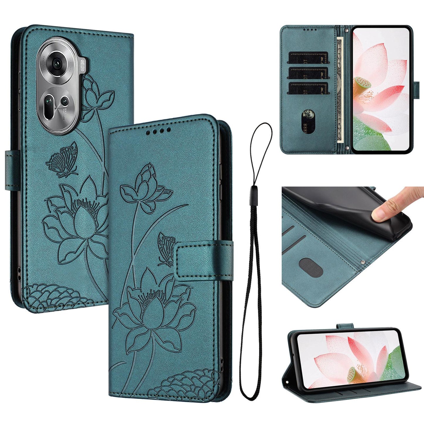 OPPO Reno11 5G Lotus Embossed PU Leather Wallet Phone Case with Card Holder, Cash Pocket, Magnetic Flip Stand Cover, Wrist Lanyard Strap, Shockproof TPU Protective Folio Case - Purple