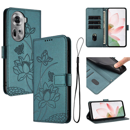 OPPO Reno11 5G Lotus Embossed PU Leather Wallet Phone Case with Card Holder, Cash Pocket, Magnetic Flip Stand Cover, Wrist Lanyard Strap, Shockproof TPU Protective Folio Case - Purple