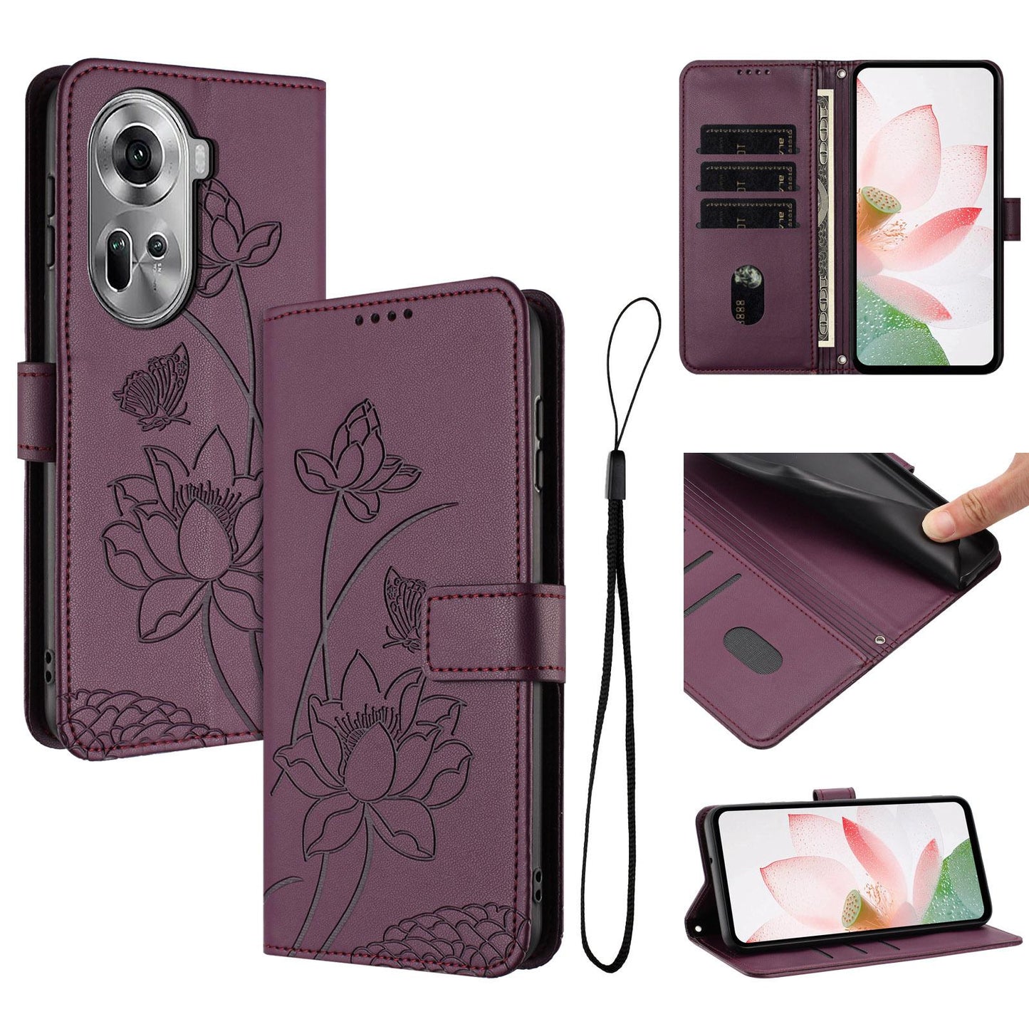 OPPO Reno11 5G Lotus Embossed PU Leather Wallet Phone Case with Card Holder, Cash Pocket, Magnetic Flip Stand Cover, Wrist Lanyard Strap, Shockproof TPU Protective Folio Case - Purple