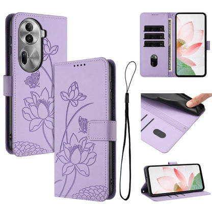 OPPO Reno11 Pro 5G Lotus Embossed PU Leather Wallet Phone Case with Card Holder, Cash Pocket, Magnetic Flip Stand Cover, Wrist Lanyard Strap, Shockproof TPU Protective Folio Case - Purple