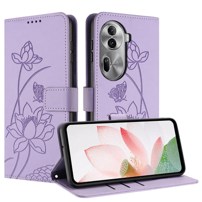 OPPO Reno11 Pro 5G Lotus Embossed PU Leather Wallet Phone Case with Card Holder, Cash Pocket, Magnetic Flip Stand Cover, Wrist Lanyard Strap, Shockproof TPU Protective Folio Case - Purple