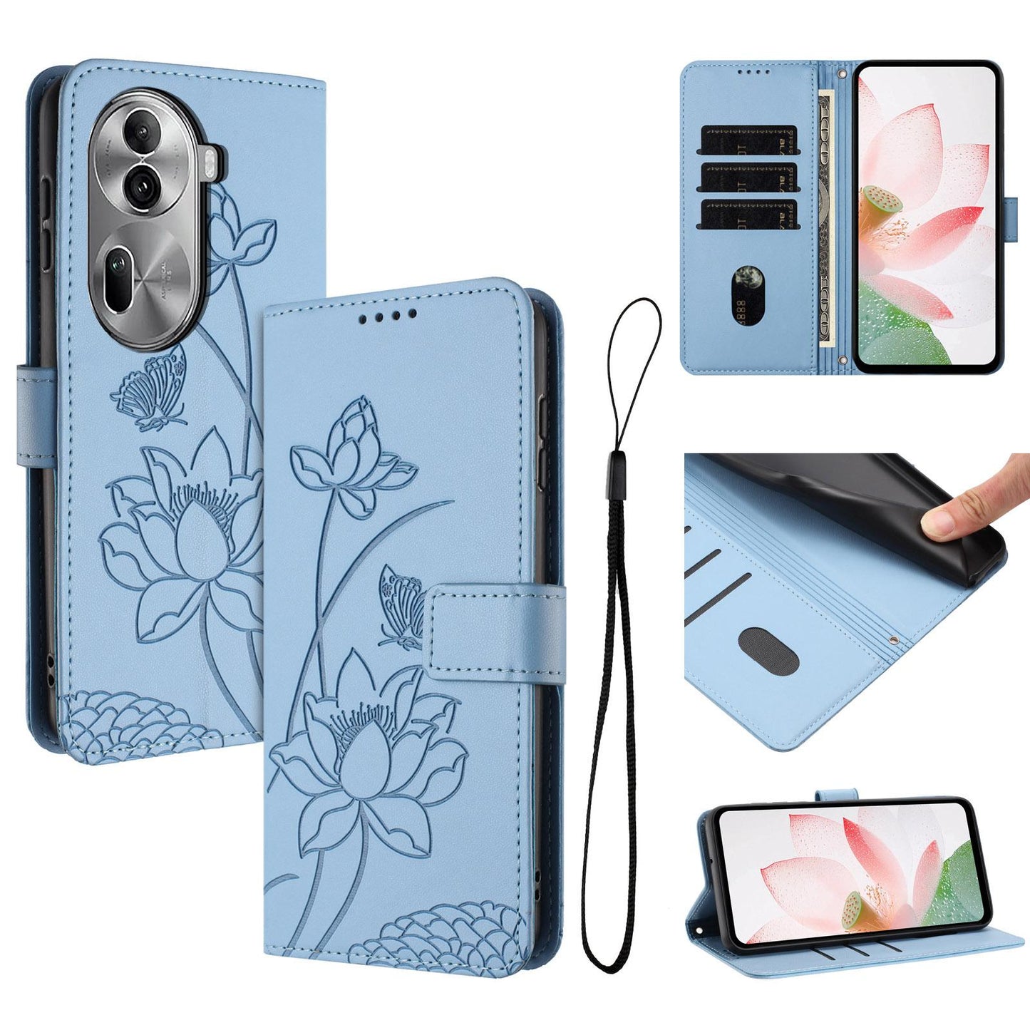 OPPO Reno11 Pro 5G Lotus Embossed PU Leather Wallet Phone Case with Card Holder, Cash Pocket, Magnetic Flip Stand Cover, Wrist Lanyard Strap, Shockproof TPU Protective Folio Case - Purple