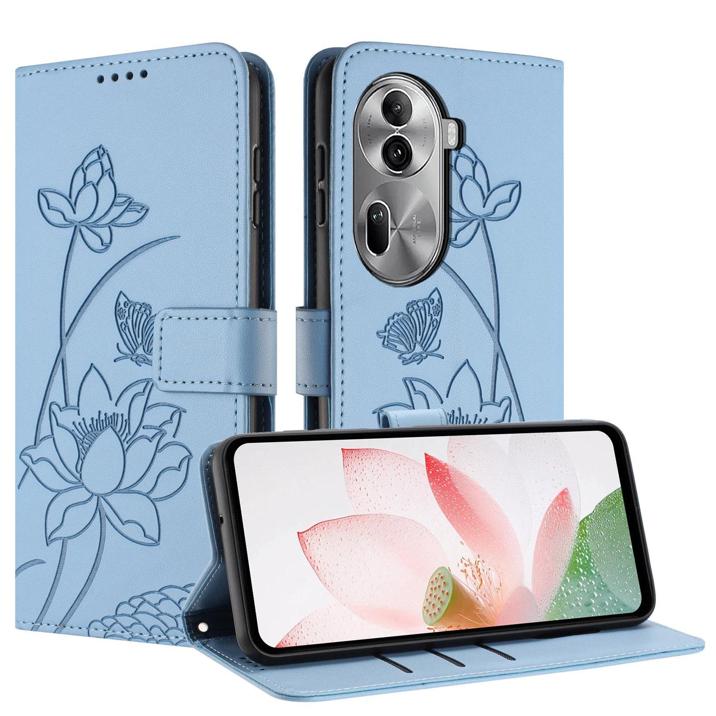 OPPO Reno11 Pro 5G Lotus Embossed PU Leather Wallet Phone Case with Card Holder, Cash Pocket, Magnetic Flip Stand Cover, Wrist Lanyard Strap, Shockproof TPU Protective Folio Case - Purple