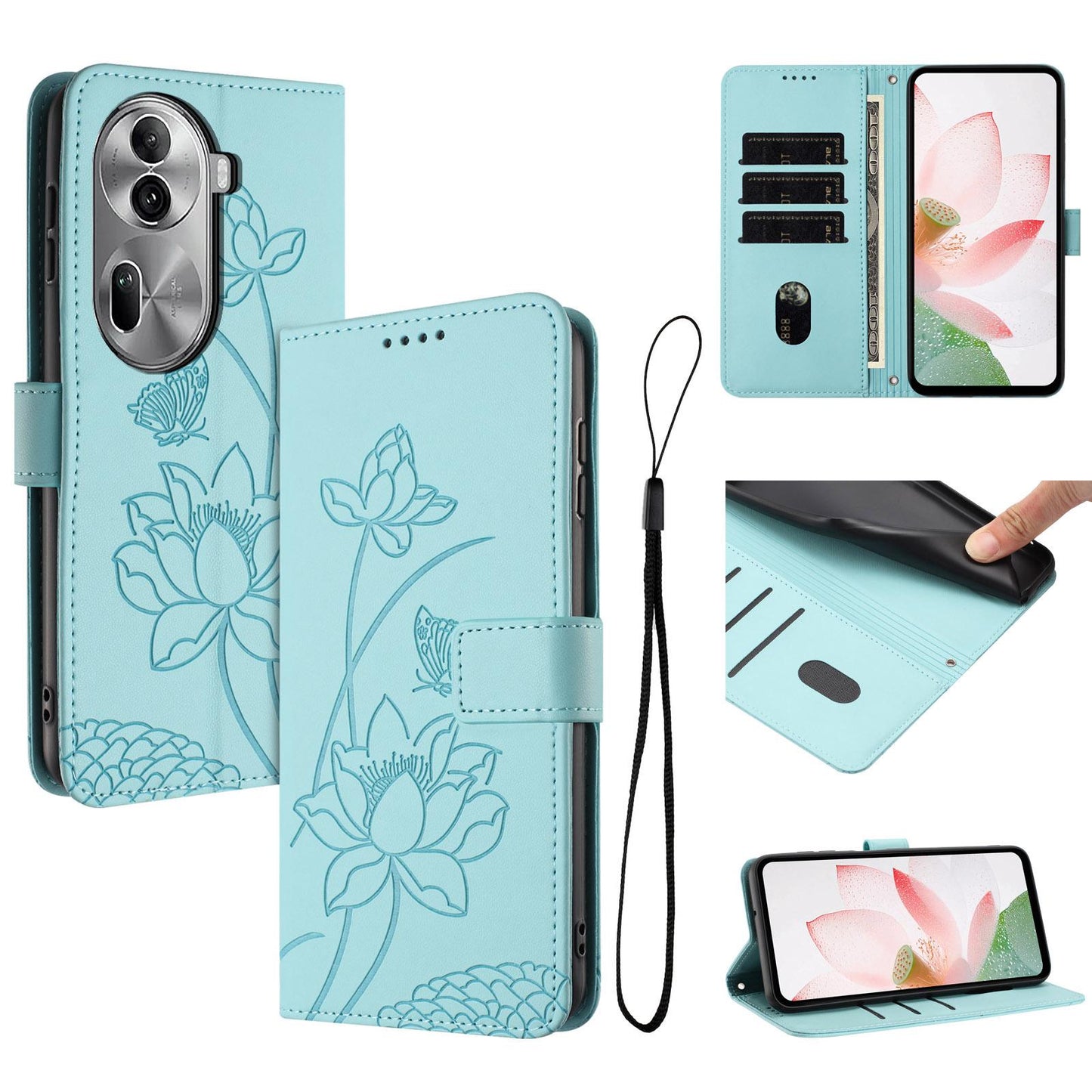 OPPO Reno11 Pro 5G Lotus Embossed PU Leather Wallet Phone Case with Card Holder, Cash Pocket, Magnetic Flip Stand Cover, Wrist Lanyard Strap, Shockproof TPU Protective Folio Case - Purple