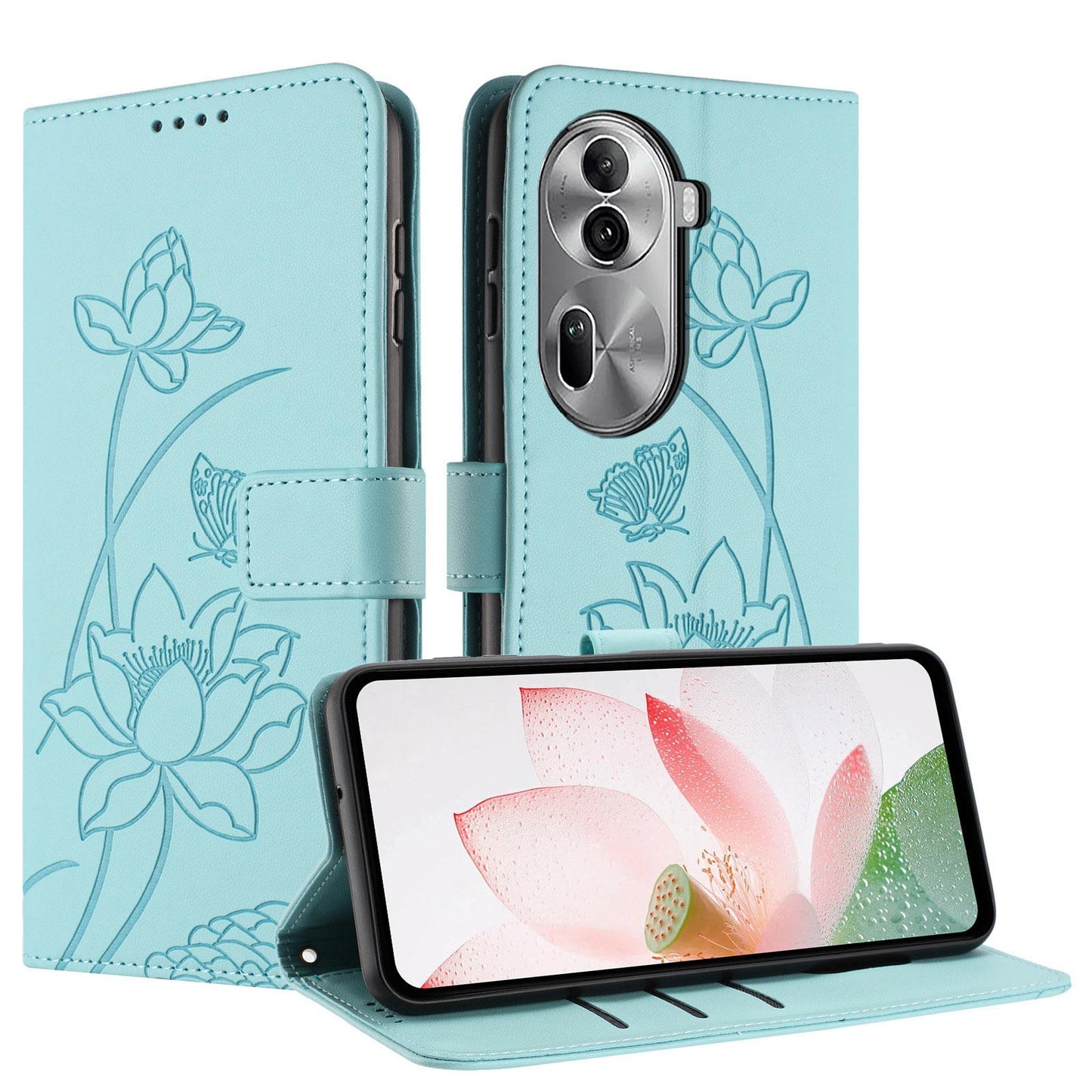 OPPO Reno11 Pro 5G Lotus Embossed PU Leather Wallet Phone Case with Card Holder, Cash Pocket, Magnetic Flip Stand Cover, Wrist Lanyard Strap, Shockproof TPU Protective Folio Case - Purple