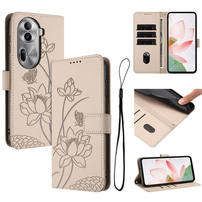 OPPO Reno11 Pro 5G Lotus Embossed PU Leather Wallet Phone Case with Card Holder, Cash Pocket, Magnetic Flip Stand Cover, Wrist Lanyard Strap, Shockproof TPU Protective Folio Case - Purple