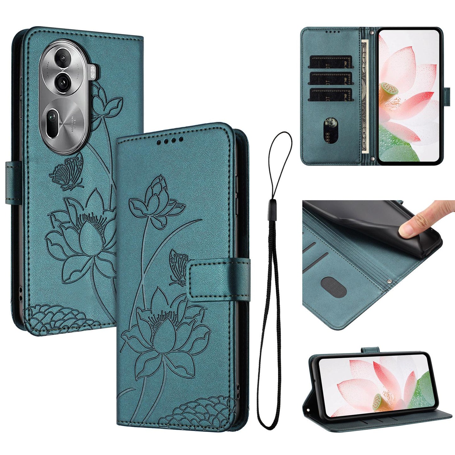 OPPO Reno11 Pro 5G Lotus Embossed PU Leather Wallet Phone Case with Card Holder, Cash Pocket, Magnetic Flip Stand Cover, Wrist Lanyard Strap, Shockproof TPU Protective Folio Case - Purple