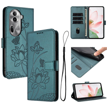 OPPO Reno11 Pro 5G Lotus Embossed PU Leather Wallet Phone Case with Card Holder, Cash Pocket, Magnetic Flip Stand Cover, Wrist Lanyard Strap, Shockproof TPU Protective Folio Case - Purple