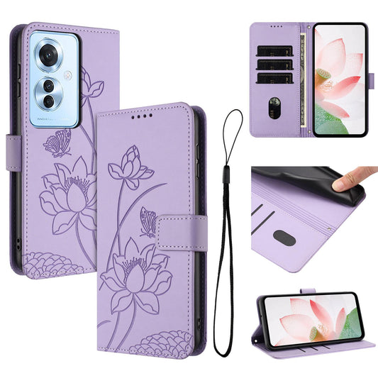 OPPO Reno11 F Lotus Embossed PU Leather Wallet Phone Case with Card Holder, Cash Pocket, Magnetic Flip Stand Cover, Wrist Lanyard Strap, Shockproof TPU Protective Folio Case - Purple