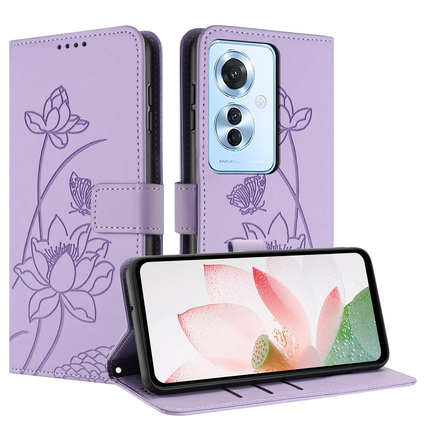 OPPO Reno11 F Lotus Embossed PU Leather Wallet Phone Case with Card Holder, Cash Pocket, Magnetic Flip Stand Cover, Wrist Lanyard Strap, Shockproof TPU Protective Folio Case - Purple