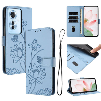 OPPO Reno11 F Lotus Embossed PU Leather Wallet Phone Case with Card Holder, Cash Pocket, Magnetic Flip Stand Cover, Wrist Lanyard Strap, Shockproof TPU Protective Folio Case - Purple