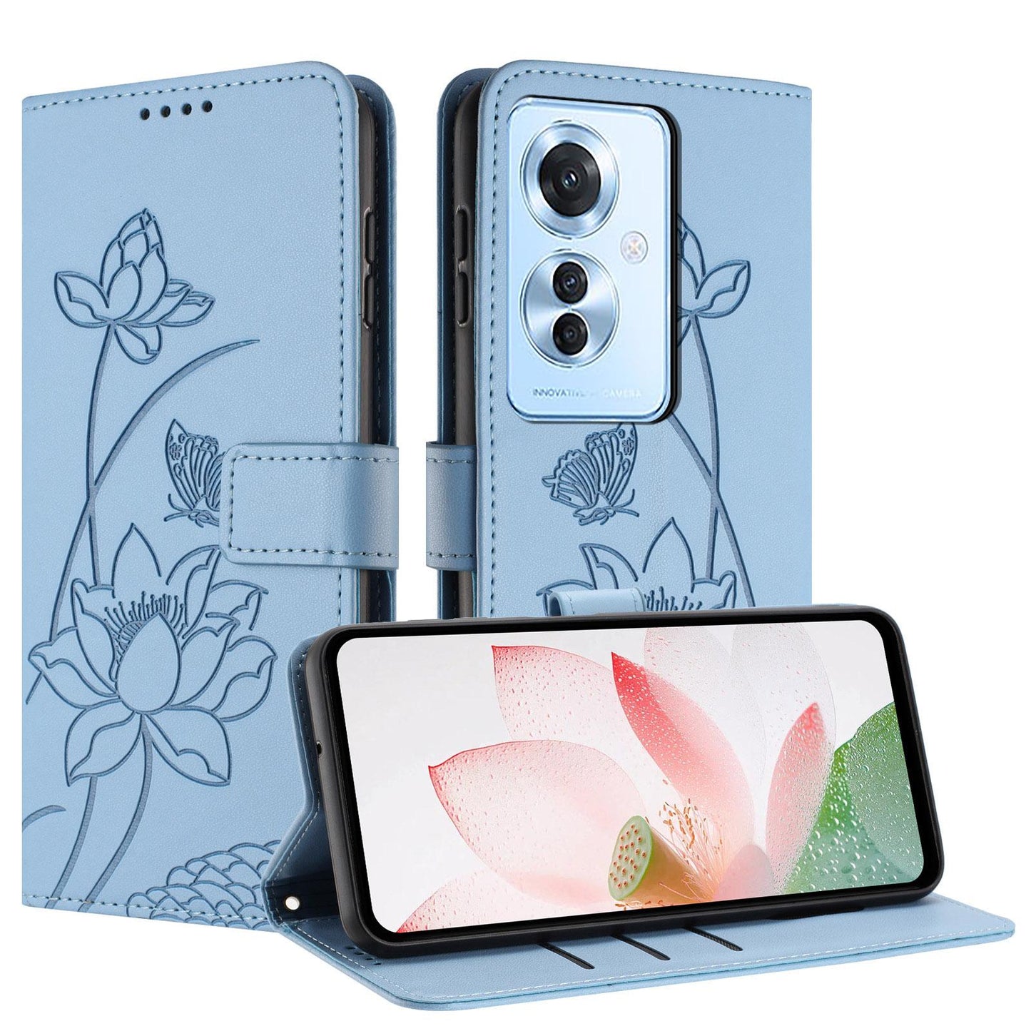 OPPO Reno11 F Lotus Embossed PU Leather Wallet Phone Case with Card Holder, Cash Pocket, Magnetic Flip Stand Cover, Wrist Lanyard Strap, Shockproof TPU Protective Folio Case - Purple