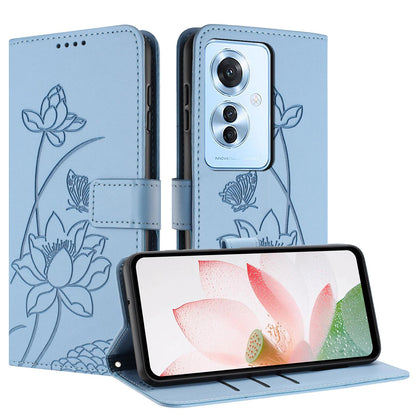 OPPO Reno11 F Lotus Embossed PU Leather Wallet Phone Case with Card Holder, Cash Pocket, Magnetic Flip Stand Cover, Wrist Lanyard Strap, Shockproof TPU Protective Folio Case - Purple