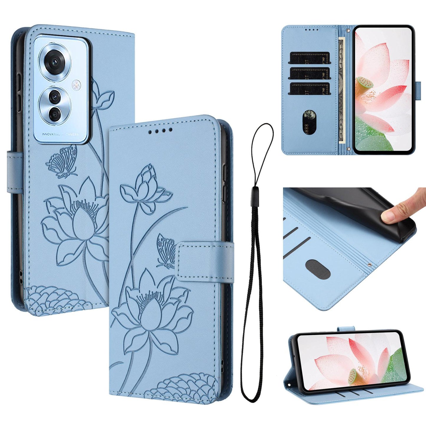 OPPO F25 Pro Lotus Embossed PU Leather Wallet Phone Case with Card Holder, Cash Pocket, Magnetic Flip Stand Cover, Wrist Lanyard Strap, Shockproof TPU Protective Folio Case - Purple